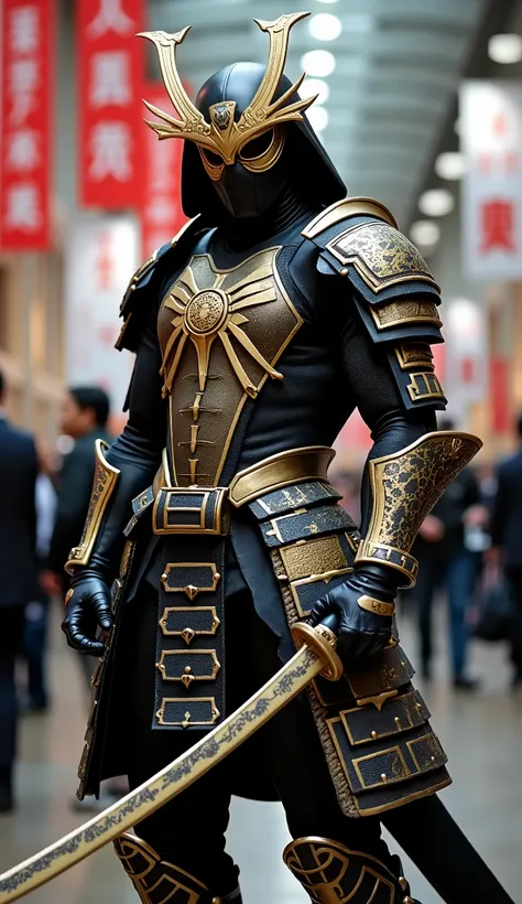 "A figure dressed in an elaborate Spider-Man costume, with influences of Japanese samurai armor integrated into the design. The costume is primarily black and gold, with intricate, traditional Japanese patterns, and includes shoulder guards and a stylized,...