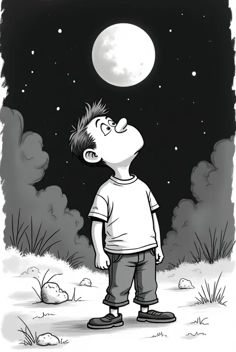 Create an image with a man in a cartoon looking at the Moon, In black and white 