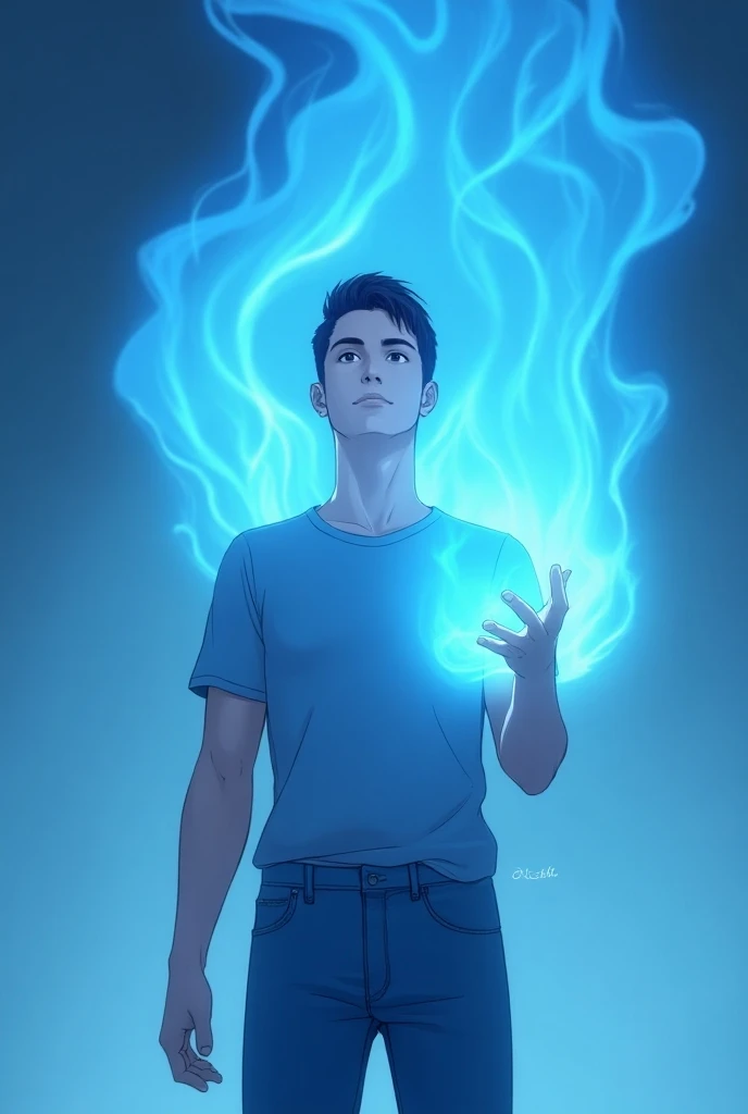 Create an animated image of a tall Good looking Men of age 20. beautiful Eyes and white Skin Wearing Jeans and blue half t shirt and spreading his hand . Blue Colered aura is realising From his hand . And he is seeing Upward.