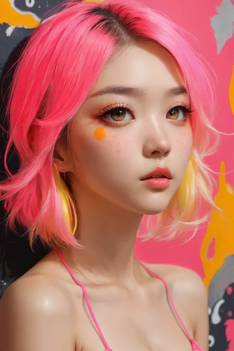 ((beautiful young asian schoolgirl with short yellow hair and orange eyes (retinas), ed lipstick, 4k ,real, ((pale shiny skin)), wearing a neon pink lace bikini top, her face in a close-up portrait, with an ethereal and magical fantasy look, with extremely...