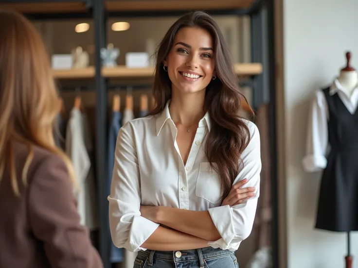 "An image of a beautiful, well-dressed young woman confidently engaged in sales. She has a warm smile and communicates friendly with customers, showing strong sales skills and attention to her appearance. The setting includes neatly displayed products in a...