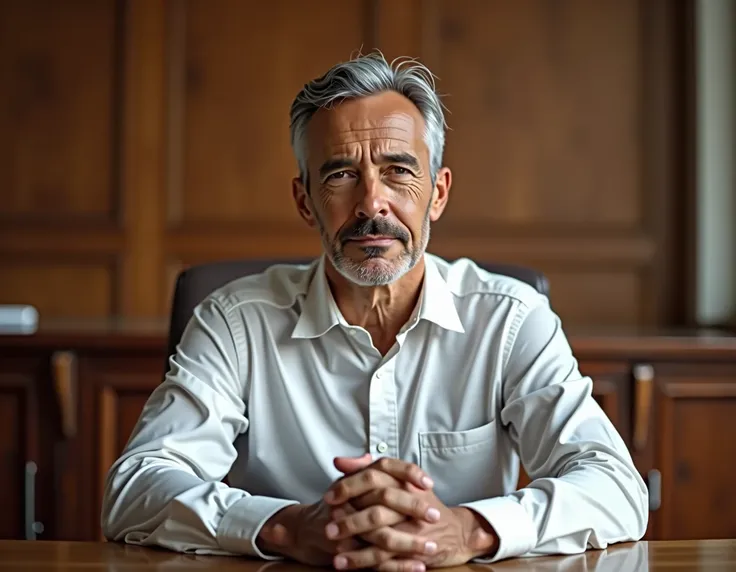  An average 50-year-old man ,  gray hair,  with his hands folded in front of his chest, wearing a white dress shirt,  sitting behind a table , In a wooden room look straight and objective