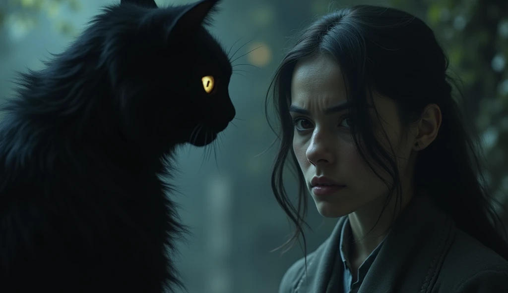 Sima’s face filled with dread, looking at the black cat which has transformed into a demonic figure