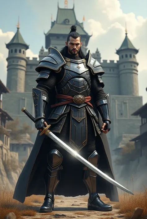 A big muscular man in armor with a katana stands near a big castle looking back and his eyes shine, and a katana shines 