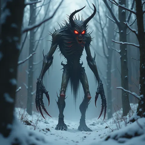 (photorealism:1.2), A monstrous Wendigo with glowing red eyes, decaying skin, and sharp claws, lurking in a dark, snow-covered forest. Realistic 4K style.