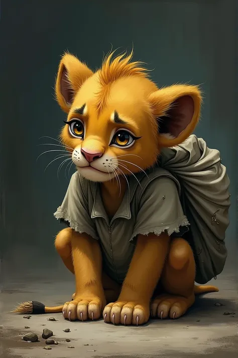 A very sad little lion crying with his clothes torn and with a laundry bag on his back