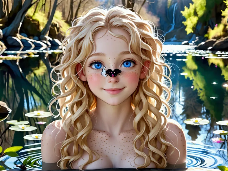      Crystal clear lake. Realistic photography, fantasy world, bright colors, idyllic landscapes, early spring. fine and detailed body textures. volumetric light. Front postures. Eighteen year old girl, fair white skin, blond, long curly hair, thin, blue e...