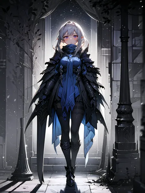 ((masterpiece, best quality, 16k)), ((full body)), (1girl), A mysterious demonic elf with flowing white hair and deep purple eyes, wearing sleek, shadowy armor that seems to merge with the darkness. Her armor has intricate, dark violet etchings that gliste...