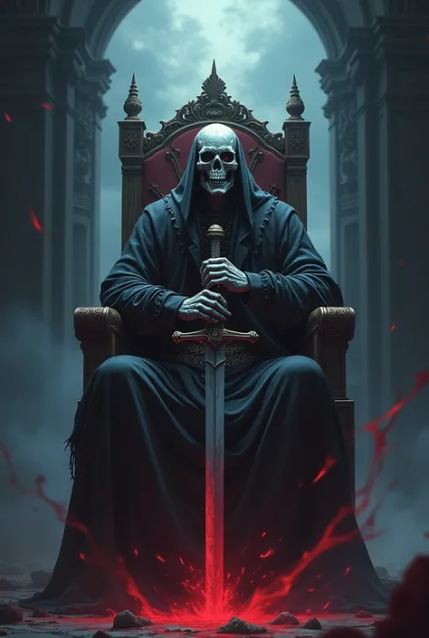 Skull King crown destroyed, holding a sword in a kneeling pose, scary face, aura of darkness, is on the throne, anime style, Dark shading