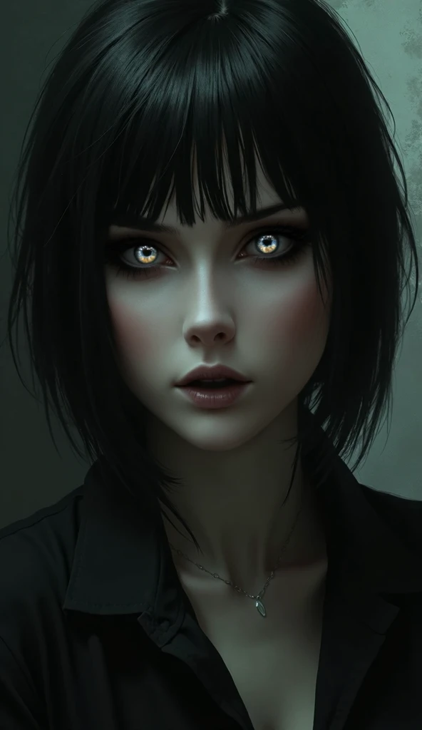 an adult woman with an art style from the game Resident Evil with short straight black hair, Gothic makeup with black lipstick