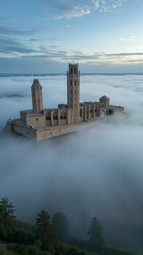 create a hyper-realistic, cinematic aerial image of the seu vella cathedral emerging from a thick, dense fog. the ancient stone ...