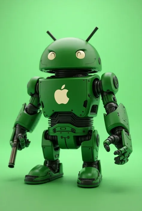  Android logo animated style 3d green color , Intimidating serious face design  , Your right hand is stretched out ,  on the right hand has the Apple 3d logo, perfectionism ,  better quality.   On the other hand a tool  .