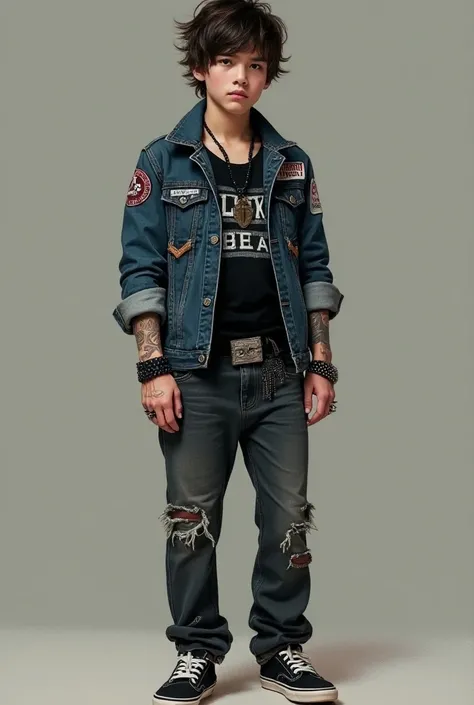  A young man dressed in an inspired outfit in the alternative style of the 2000s .  Wear a sleeveless in black with a band design in gothic letters al front,  under a washed-out blue denim jacket with some patches on the shoulders and elbows .  The pants a...