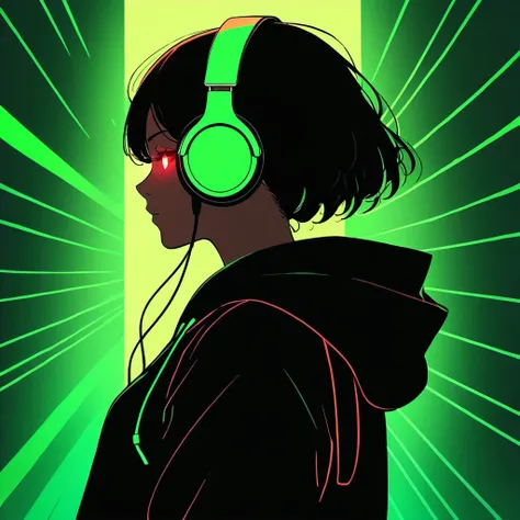 1girl, solo, headphones, hoodie, silhouette, green theme, low saturation,silhouette，darkness，(Background with rich lines:1.8)，abstract background, detail glow red eyes, (looking the view:1.5)