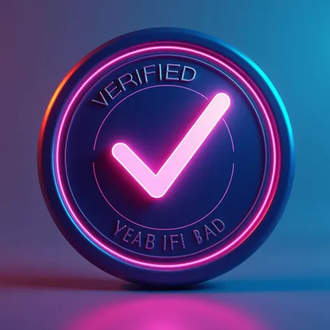 Create a verification badge with a unique and modern design, featuring a prominent checkmark. The badge should be circular with a vibrant color scheme such as neon pink, blue, or green, and should include text indicating verification, such as Verified or O...