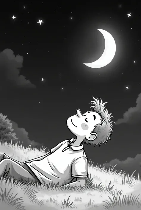 Create an image with a man lying on the grass in a cartoon looking at the Moon and smiling from the corner, In black and white 