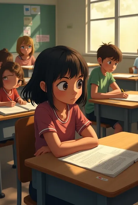 Draw an illustration of a scene in the classroom where a middle school girl is sitting in the back seat and staring suspiciously at a male middle school student sitting in the front seat