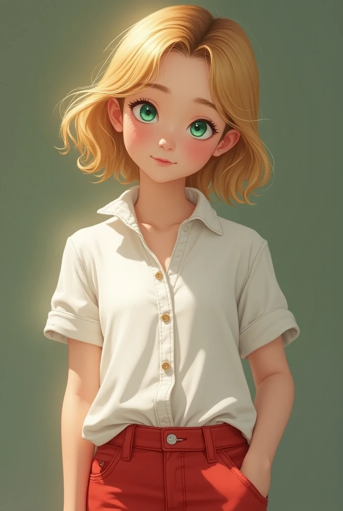 a qute girl with blond short hair, green emerald eyes, white shirt, red jeans