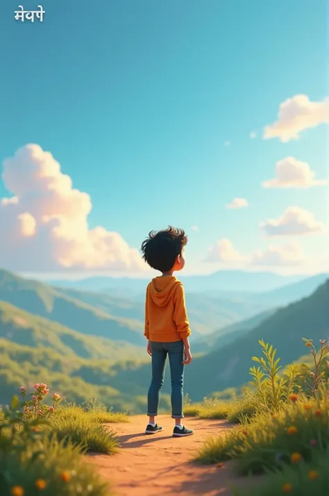 In cinematic 3d cartoon style "Here is the motivational image based on your script, with a young person looking toward the horizon, symbolizing hope and new beginnings. The Hindi text adds inspiration, encouraging perseverance and self-belief"
