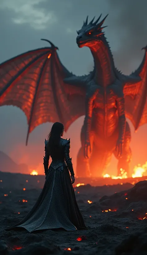 In a hyperrealistic, cinematic scene set on a battlefield near an active volcano at twilight, a breathtakingly beautiful woman stands in the foreground, dressed in dark, obsidian-colored dragon-scale armor that highlights her figure and strength. Her armor...