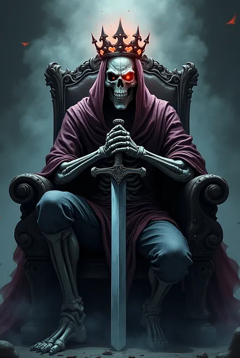 Skull King crown destroyed, holding a sword in a kneeling pose, scary face, aura of darkness, is on the throne, anime style, Dark shading, red eye