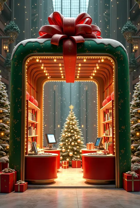 Giant Christmas gift stand and inside two tables with a computer, a Christmas tree and a business game roulette for the name Multimoney with green colors, white and gold