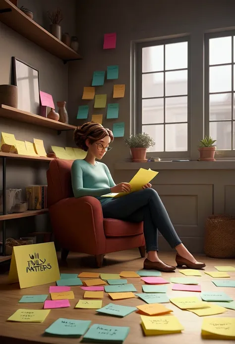 "Create an image depicting a scene where the main character is in their living room, organizing colorful post-it notes labeled with What Truly Matters. They are reflecting on past unnecessary expenses and are internally declaring, I will stop spending mone...