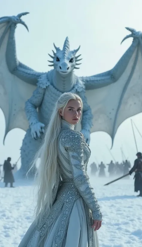 In a hyperrealistic, cinematic scene of a battlefield on a frozen tundra, a beautiful woman stands in the foreground, her silver armor blending with the icy landscape. Her armor is decorated with tiny, glistening scales, matching her dragon’s frosty, white...