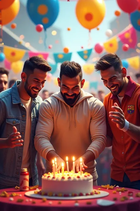 "A lively birthday celebration for Virat Kohli with Cristiano Ronaldo and Lionel Messi attending. Virat is in the center cutting a cake with Ronaldo and Messi standing beside him, cheering and clapping. The background is decorated with balloons, banners, a...