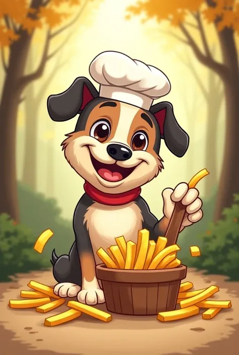 Crée le logo de la friterie "la chtite frite": sa sera un chien au mileu du logo, avec une toc de chef, et il pleu des frites. Dans une patte il tient un petit panier remplie de frite et dans sa deuxième pattes, il tient une friteuse. Le chien que tu vas r...