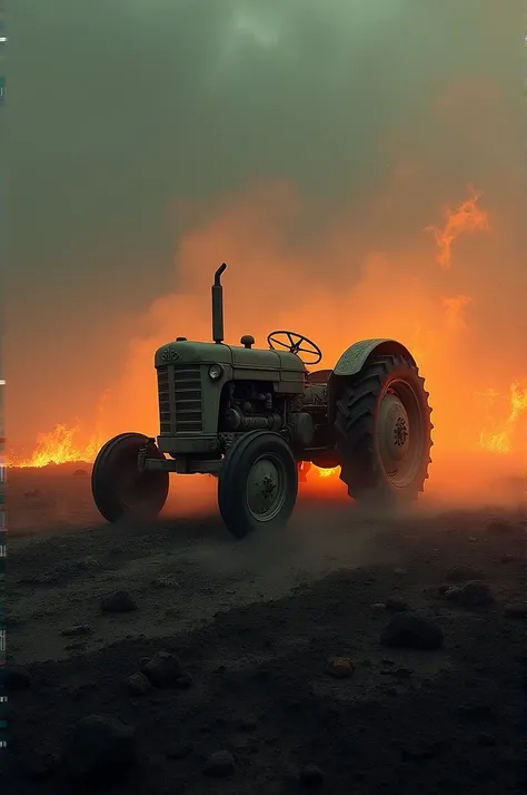 Tractor in silence place and cover with fire 