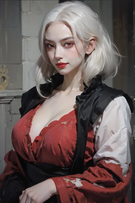 details of a girl , cleavage , Asian, young girl, pale skin, blush, white slick back hair, red eyes, vampires, dark, evil, dangerous , dark environment , smile