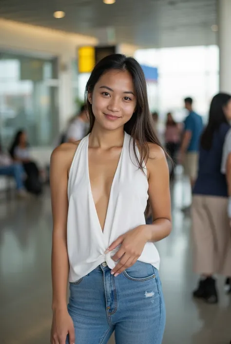 Ashwariya rai  , who is 25 years old working girl,black eyes , wearing jeans and a low neck sleeveless white top , and is wet only facing the viewer, with a smile, at the airport facing the viewer, standing, hair tied , big ASS