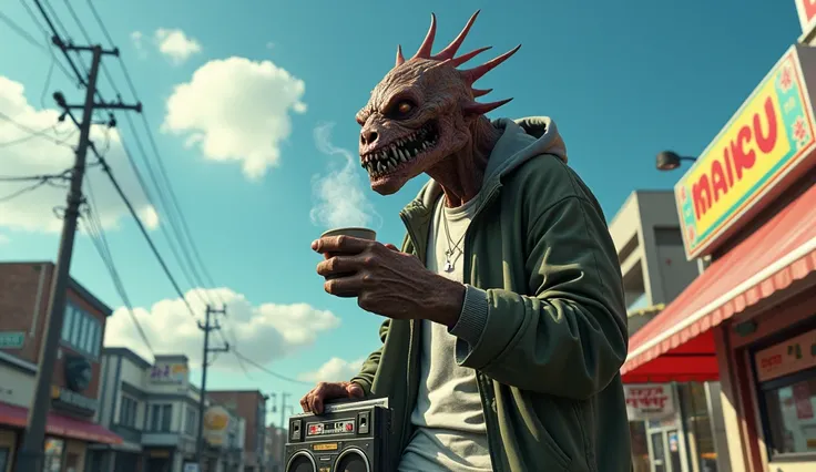 a monster sitting in front of a minimarket, wearing streetwear, holding a cup of hot coffee, a boombox beside it, blue sky, white clouds, (best quality,4k,8k,highres,masterpiece:1.2),ultra-detailed,(realistic,photorealistic,photo-realistic:1.37),street pho...