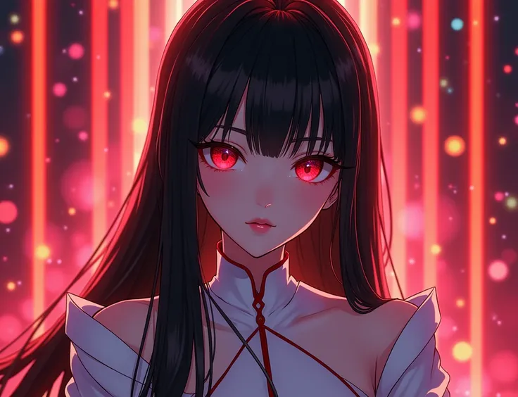 Make a murim manhwa character, with long black hair, It has red eyes, she has a devastating look, she is wearing a white outfit with red details like a murim cultivator. , she is a 40 year old man and gorgeous. I want a realistic character just from murim ...