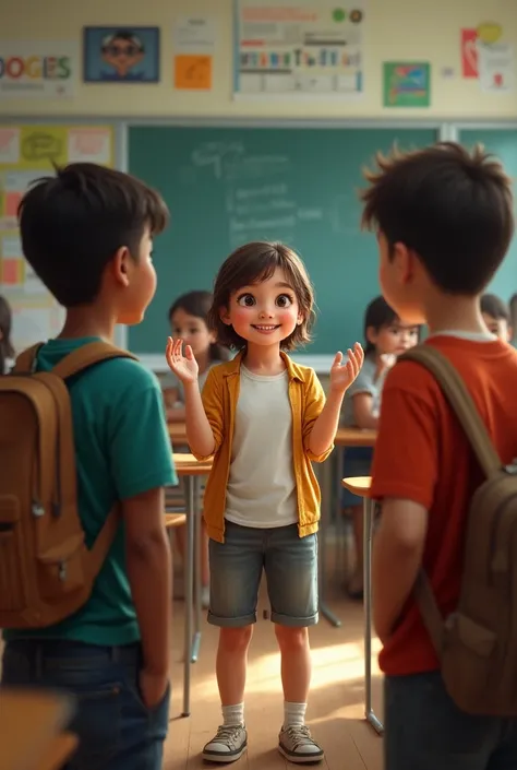 Three big young people ( A girl and two boys)  talking to a teacher in a classroom 