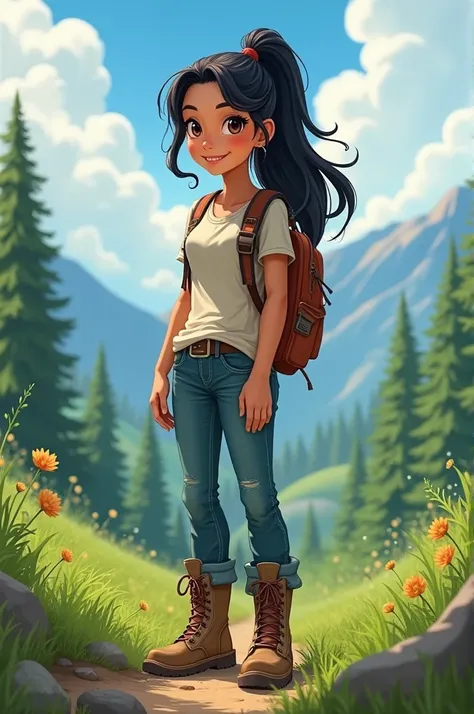 1 girl, ,  tanned skin ,  black hair ,  ponytail,  brown eyes, t-shirt,  jeans, boots and a backpack on the back