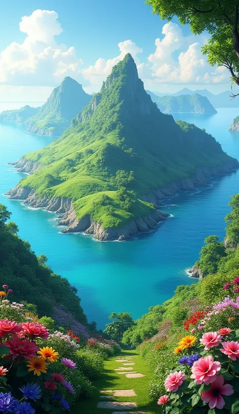 A small island full of beautiful flowers without boats.