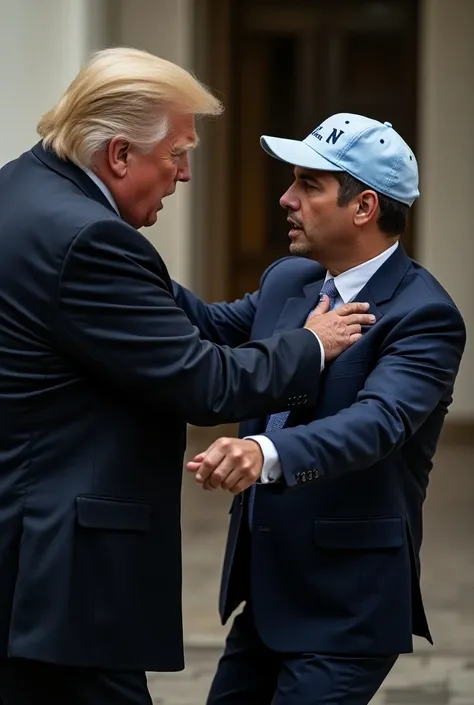 Donald Trump kicking Nayib Bukele in the ass who wears a light blue cap with a white letter N 