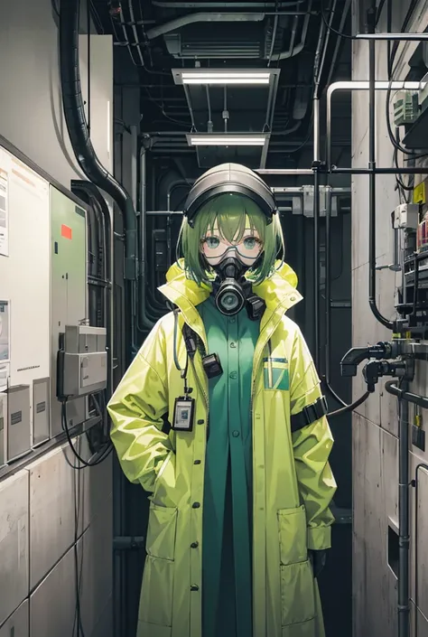 1girl, standing portrait, Central Focus, Centered, Fully in-frame, Solo, Standing still, zoomed out

Gender: Female

Appearance: Chernobyl laboratory scientist girl with short green hair and safety glasses and a gas mask wearing a Chernobyl hazmat suit ove...