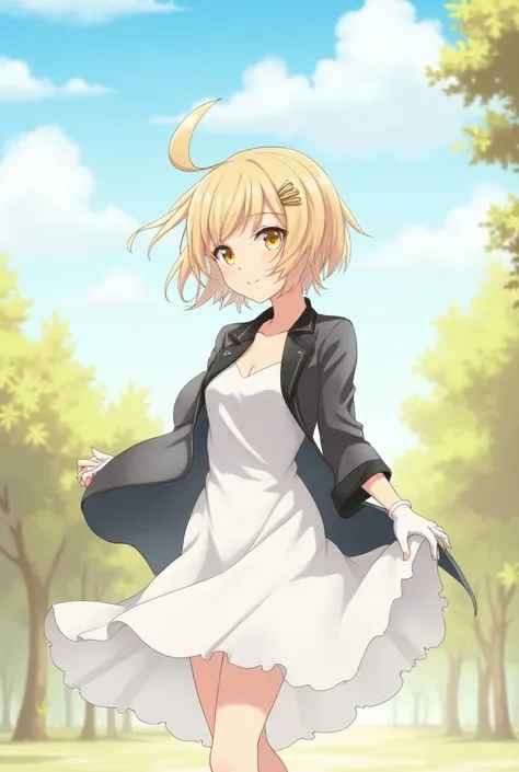 ((masterpiece,best quality)),1girl,solo, (((Chisato Nishikigi))), short hair, light yellow hair, solo, dress, detail eyes, looking at viewer, long sleeves, standing, white dress, gloves,hair ornament, black jacket, smile, floating hair, dutch angle, closed...