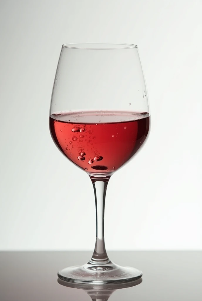 Wine glas filled with water til the top. The water is almost overflowing. The colour is red wine