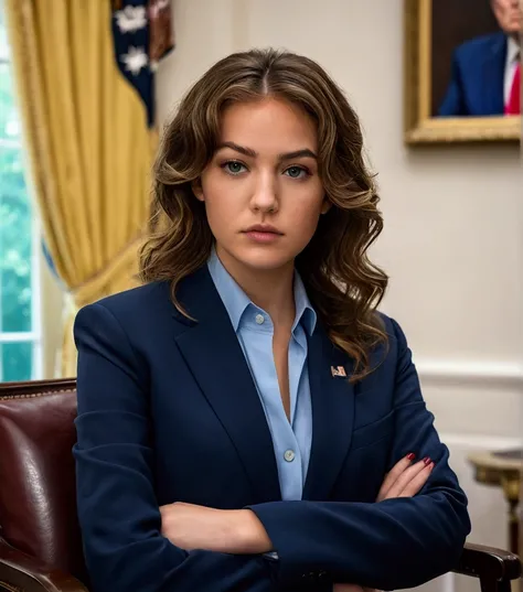 Realism, professional young woman in a blue shirt and a suit sitting in a chair, 21 year old, brunette wavy hair, eye contact, serious look, official photo, (president trump in wall painting)