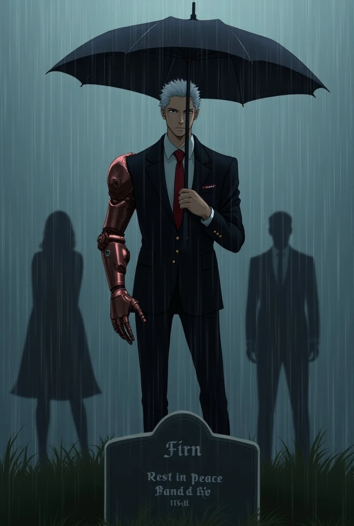  Create an image 

The strong white man with white hair ,  in a black suit with a red tie with an orange copper arm with red technological details,  holding an open umbrella in the middle of a raining burial next to a purple shadow of a woman kneeling weep...