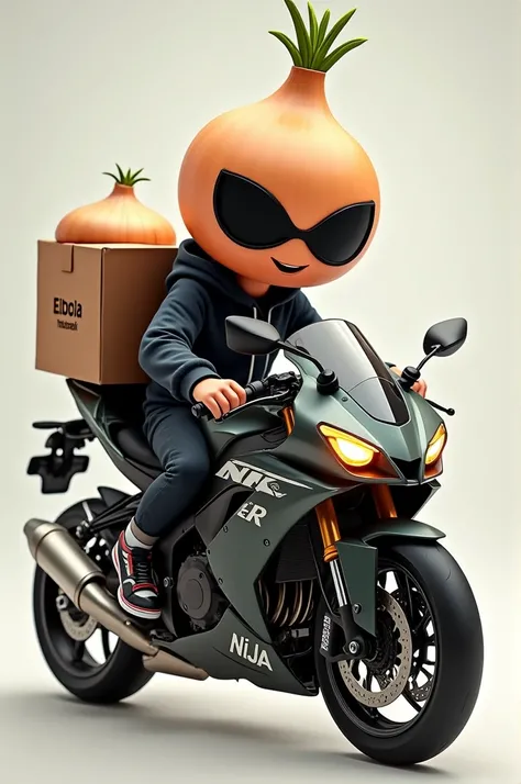 Assume a mascot logo that the mascot is a teenage boy with a sebolla head with dark lenses riding a Kaguasaki ninja H2R motorcycle the boy with a black sweatshirt and who says the letters in Spanish below "delivery onion :