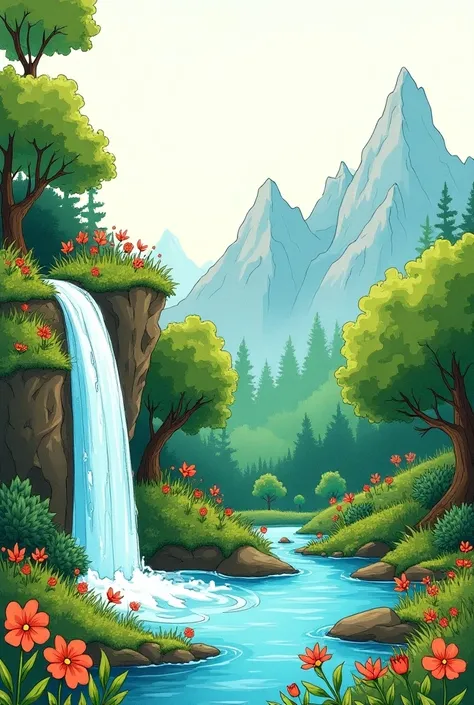 Landscaping Doodle art. Forest with waterfall  on left site mountain background 