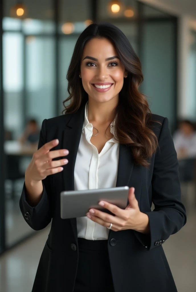 charismatic Latin woman with executive customer service profile pointing out