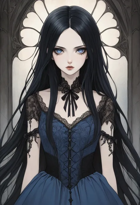 Manga-style illustration of a adult female character inspired by gothic aesthetics. She has long, straight black hair parted in the middle, framing her pale face. Her large, expressive eyes are highlighted by dark eyeliner, giving her an intense gaze. Her ...