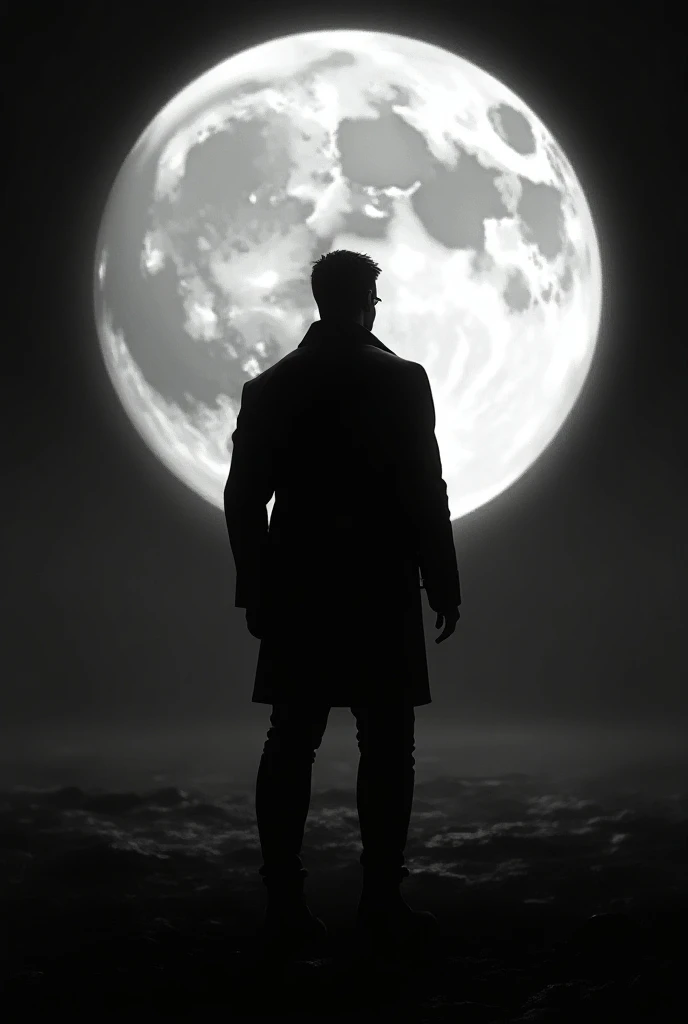 Create an image with a shadow of a man in front of the Moon in black and white 