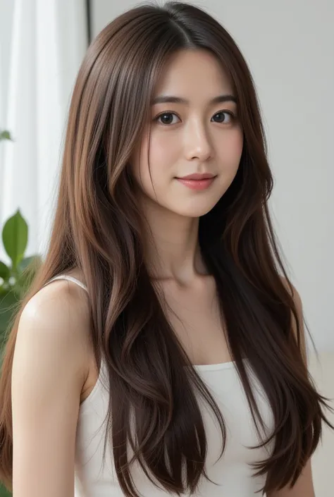 a young east-asian woman,beautful strait hair,thined out hair,fashion photography,with (long hair),standing straight,slight smile,left hand holding purse,right hand relaxed,(natural skin texture,hyperrealism,soft light,sharp:1.2) young adult East Asian joy...